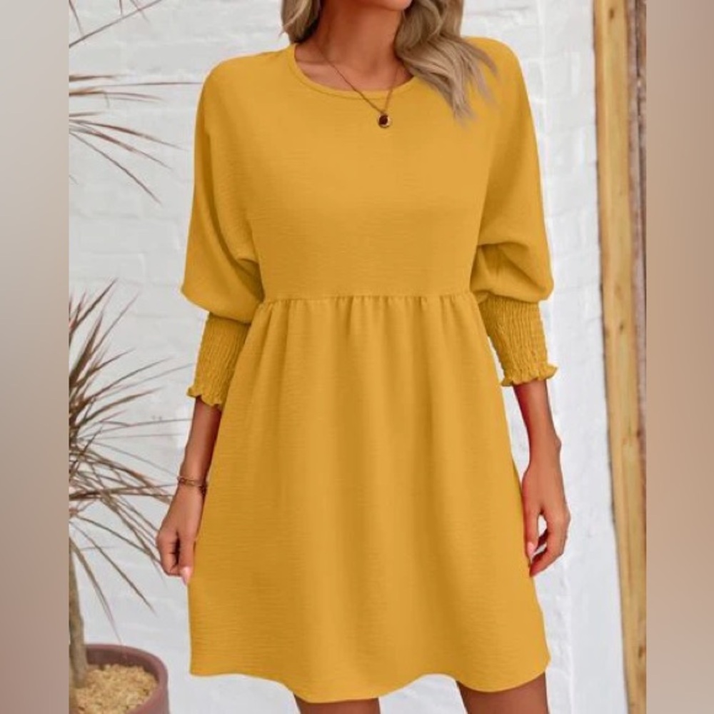 Round Neck Lantern Sleeve Mini Dress - Size M